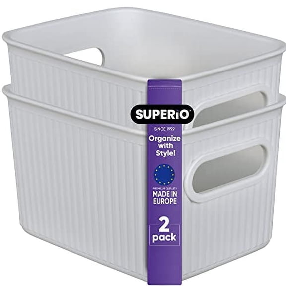 Superio Small Ribbed Plastic Storage Basket Organizer (2 Pack), 1.5 Liter Mini Closet Storage bin for Home, Shelf, Pantry, and Cosmetics White Smoke