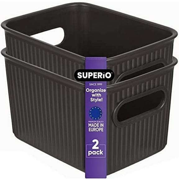 Superio Small Ribbed Plastic Storage Basket Organizer (2 Pack), 1.5 Mini Brown Closet Storage bin for Shelf, Pantry, Office, and Cosmetics
