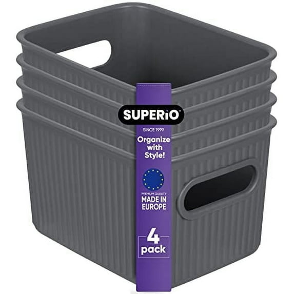 Superio Small Ribbed Plastic Storage Basket Organizer (4 Pack), 1.5 Mini Grey Closet Storage bin for Shelf, Pantry, Office, and Cosmetics