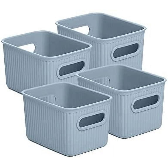 Superio Small Ribbed Plastic Storage Basket Organizer (4 Pack), Mini Stackable Closet Storage Bin for Home, Shelf, Desk, Pantry Toys, Clothes, Cosmetics, Stationary (Blue, 1.5 Liter)