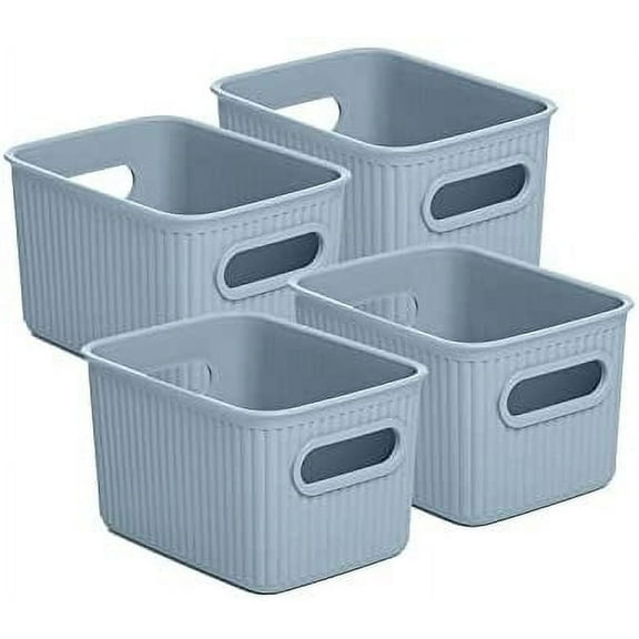 Superio Small Ribbed Plastic Storage Basket Organizer (4 Pack), Mini Stackable Closet Storage Bin for Home, Shelf, Desk, Pantry Toys, Clothes, Cosmetics, Stationary (Blue, 1.5 Liter)