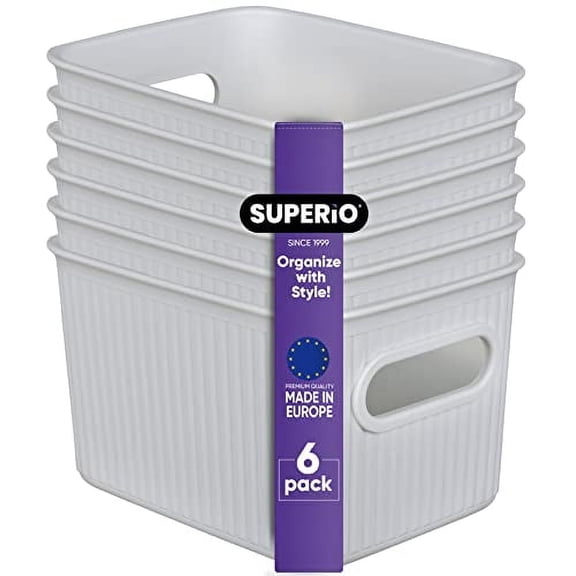 Superio Small Ribbed Plastic Storage Basket Organizer (6 Pack), 1.5 Liter Mini Closet Storage bin for Home, Shelf, Pantry, and Cosmetics  White Smoke
