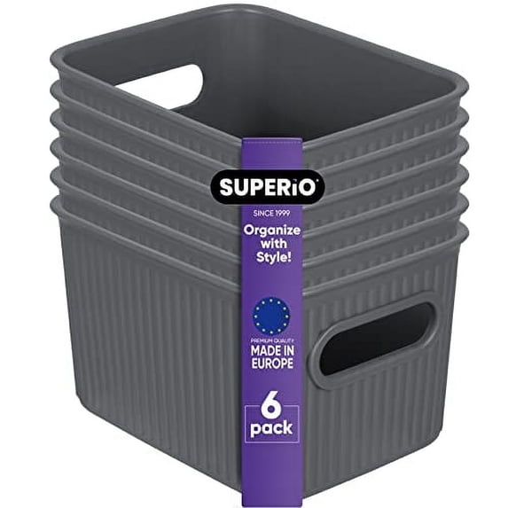 Superio Small Ribbed Plastic Storage Basket Organizer (6 Pack), 1.5 Mini Grey Closet Storage bin for Shelf, Pantry, Office, and Cosmetics