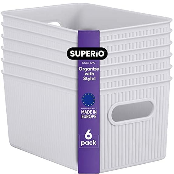 Superio Small Ribbed Plastic Storage Basket Organizer (6 Pack), 5 Liter Stackable Classic Closet Storage Bin for Shelf, Desk, Pantry- Store Toys, Clothes, Cosmetics, Stationary – White Smoke