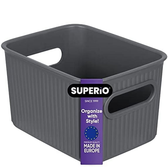 Superio Small Ribbed Plastic Storage Basket Organizer, (Grey) Closet Storage bin for Shelf, Pantry, Office, and Cosmetics