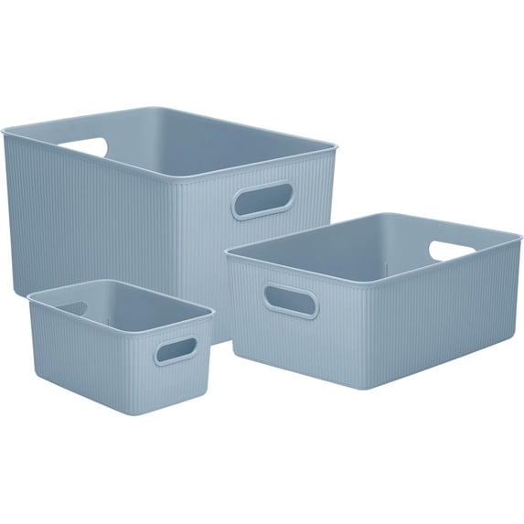 Superio Stone Blue Ribbed Storage Bin with Lid, Plastic (22L, 15L, 5L) -Set of 1