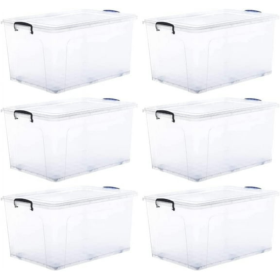 Superio Storage Containers With Wheels (6 Pack), Opaque Clear Stackable Large Storage Containers With Lids, Durable Latches (85 Quart)
