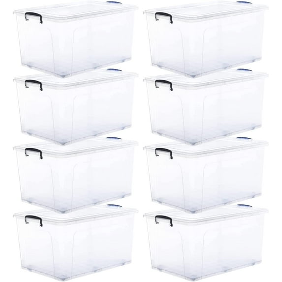 Superio Storage Containers With Wheels (8 Pack), Opaque Clear Stackable Large Storage Containers With Lids, Durable Latches (85 Quart)