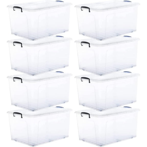 Superio Storage Containers With Wheels (8 Pack), Opaque Clear Stackable Large Storage Containers With Lids, Durable Latches (85 Quart)