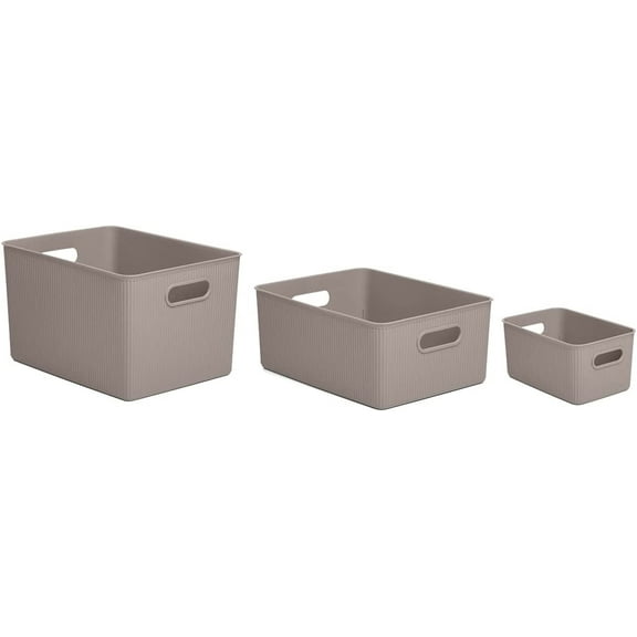 Superio Taupe Ribbed Storage Bin with Lid, Plastic (22L, 15L, 5L) -Set of 1