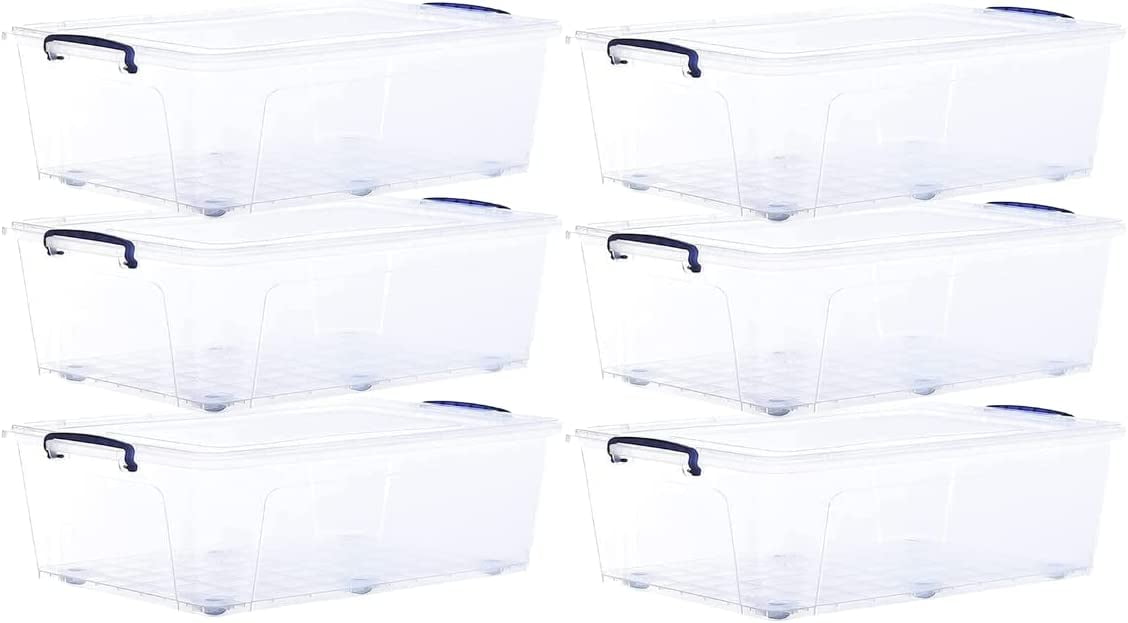 Superio Under Bed Storage Containers with Wheels (6 Pack), Flat Clear Storage Bin Stackable