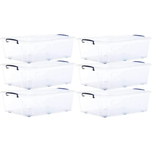Superio Under Bed Storage Containers with Wheels (6 Pack), Flat Clear Storage Bin Stackable Large Storage Latch Box with Lids Store Cloths, Bedding, Linen, For Under The Bed, Garage, Home