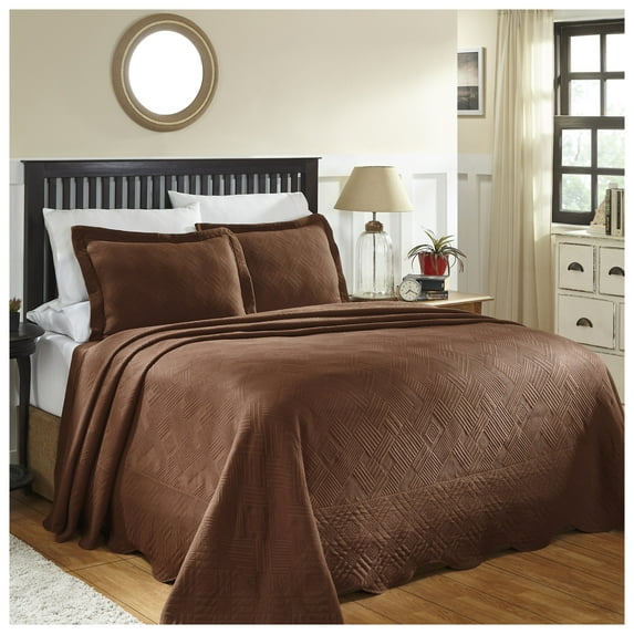 Superior 100% Cotton Geometric Fret Scalloped Bedspread Set Cappuccino / Full