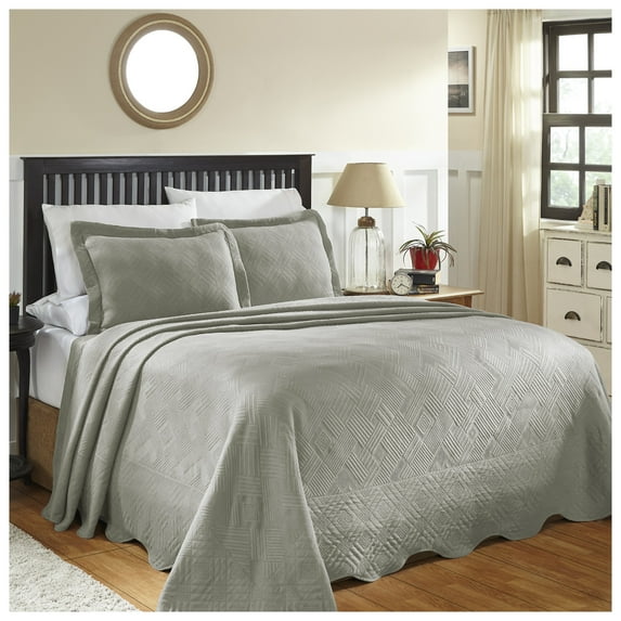 Superior 100% Cotton Geometric Fret Scalloped Bedspread Set Platinum / King
