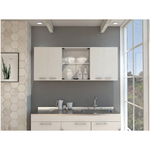 Superior 150 Wall Cabinet with Glass, 4 Shelves, 2 Double Doors, White Finish