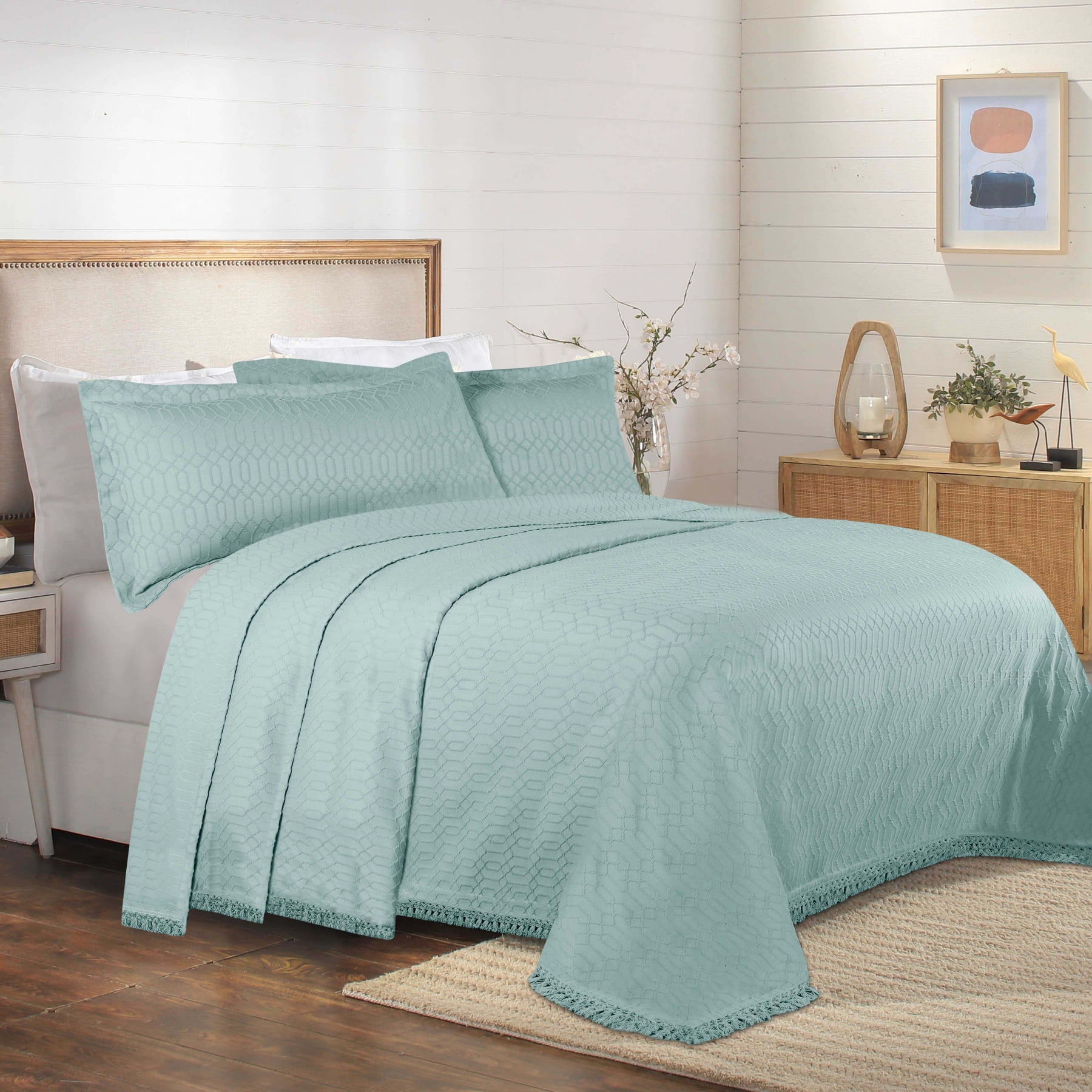 Aqua Twin Cotton-Poly Blend Geometric Fringe Bedspread Set