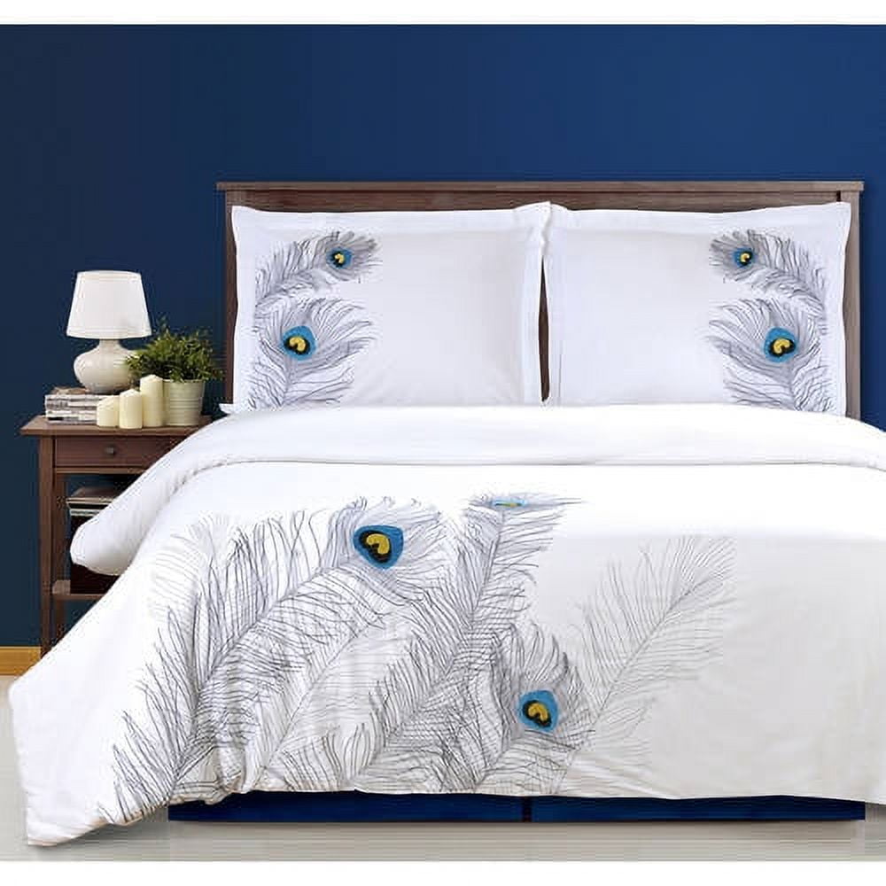 Silver Embroidered Peacock Cotton King/California King Duvet Cover Set