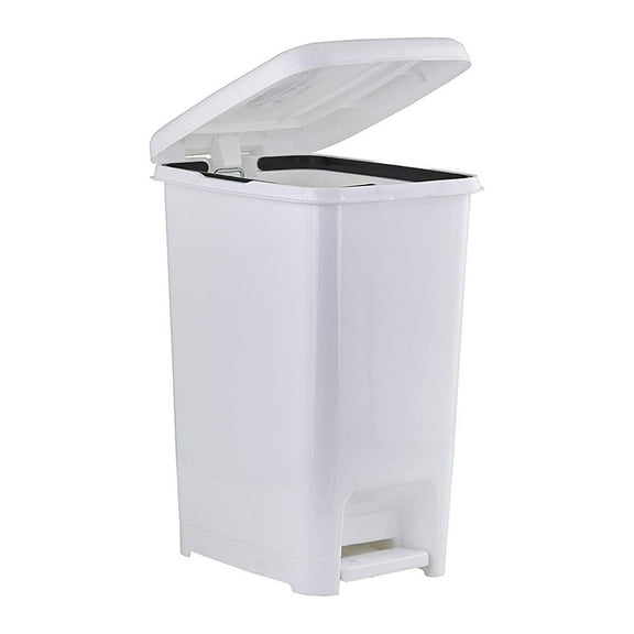 Slim 6.5-gallon Step on Trash Can with Lid. Space Savor Trash Can, Good for Dorm Room, Kitchen, Bathroom, or Office, Keeps the Room Neat and Clean. White Color. By Superio.