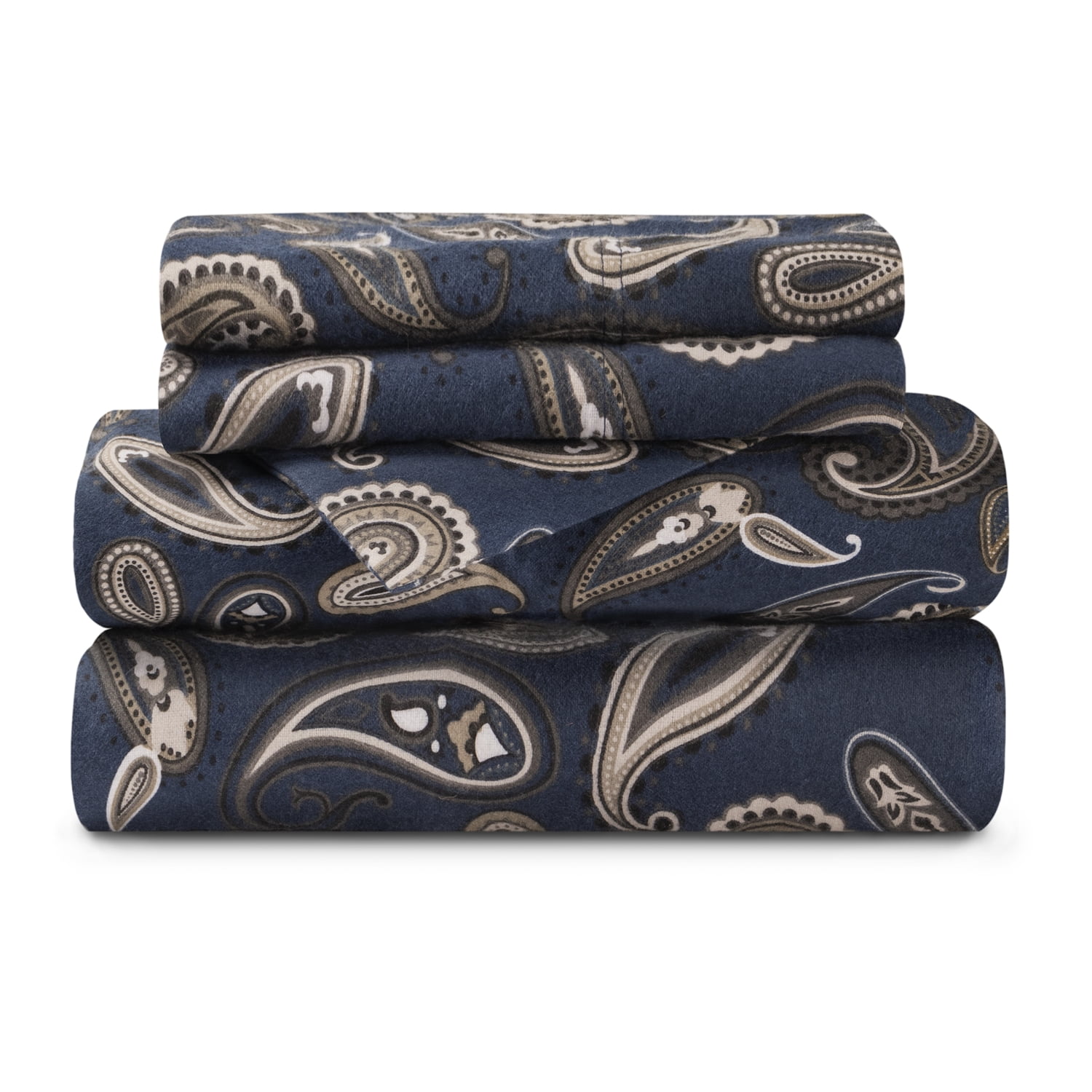 Superior 3Count 145 GSM Navy Blue Paisley Cotton Flannel Sheet Set