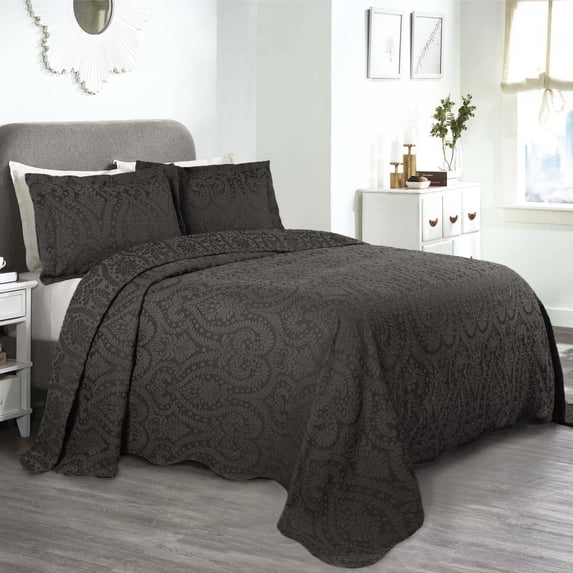 Superior 3 Piece Aspen Cotton Blend Charcoal Bedspread Set, Queen