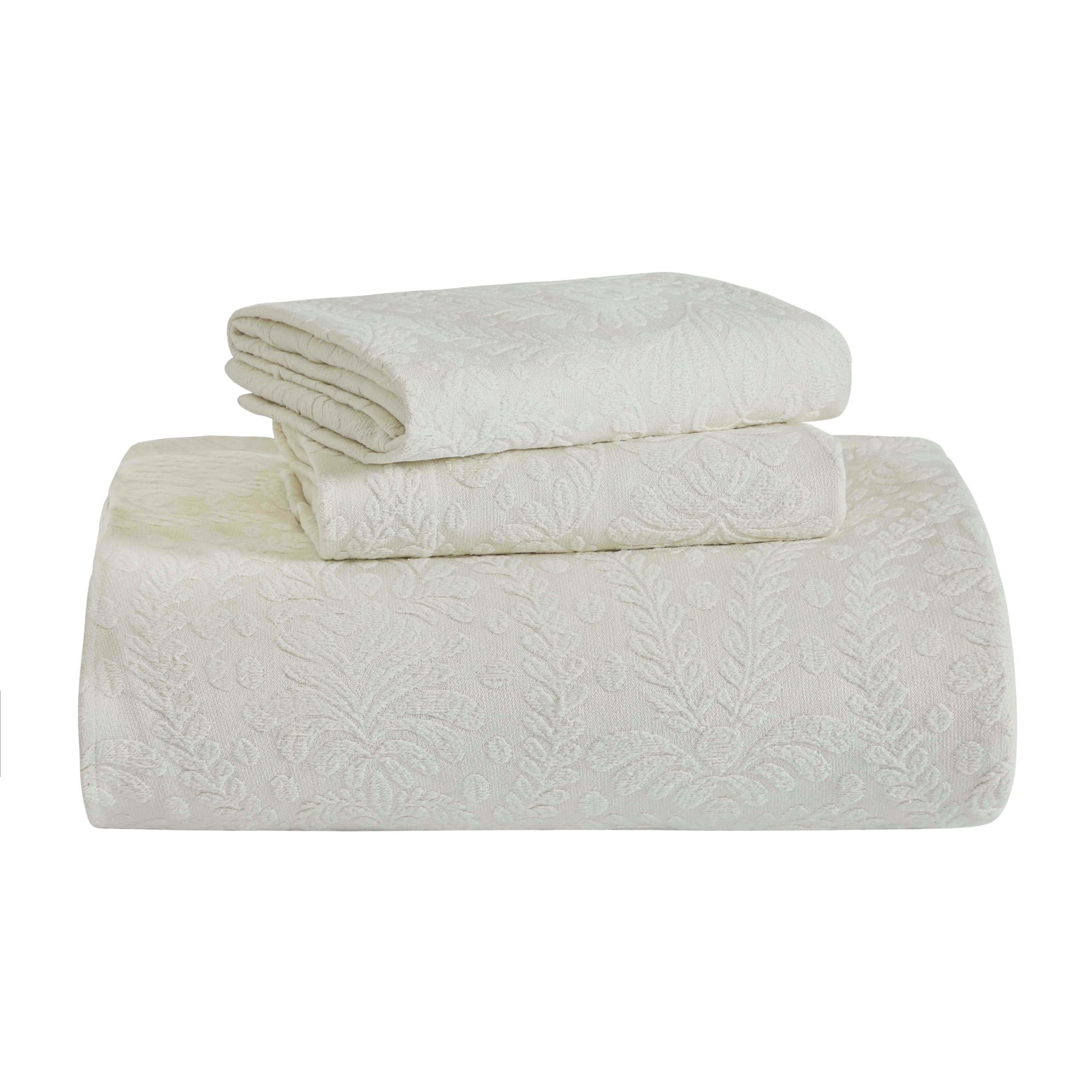 Ivory Full Cotton Jacquard Bedspread Set with Floral Pattern