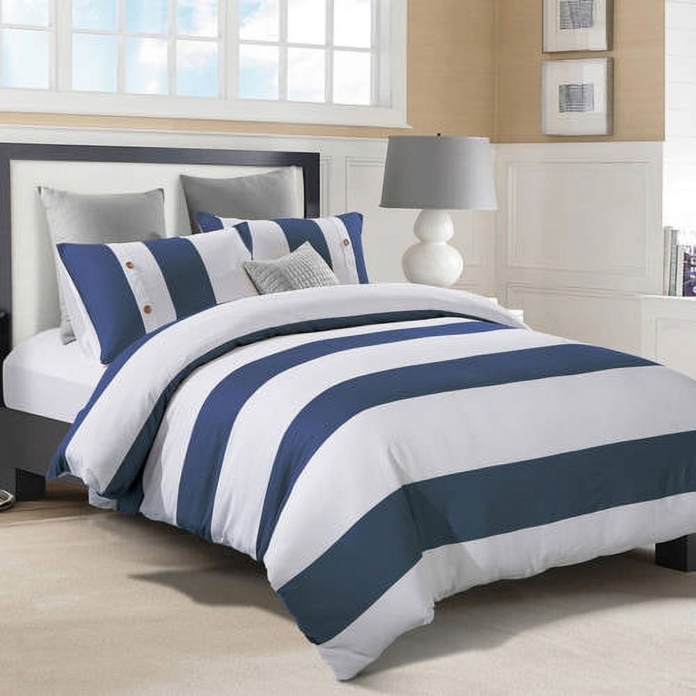 Navy Blue and White Cotton Striped Twin Duvet Cover Set