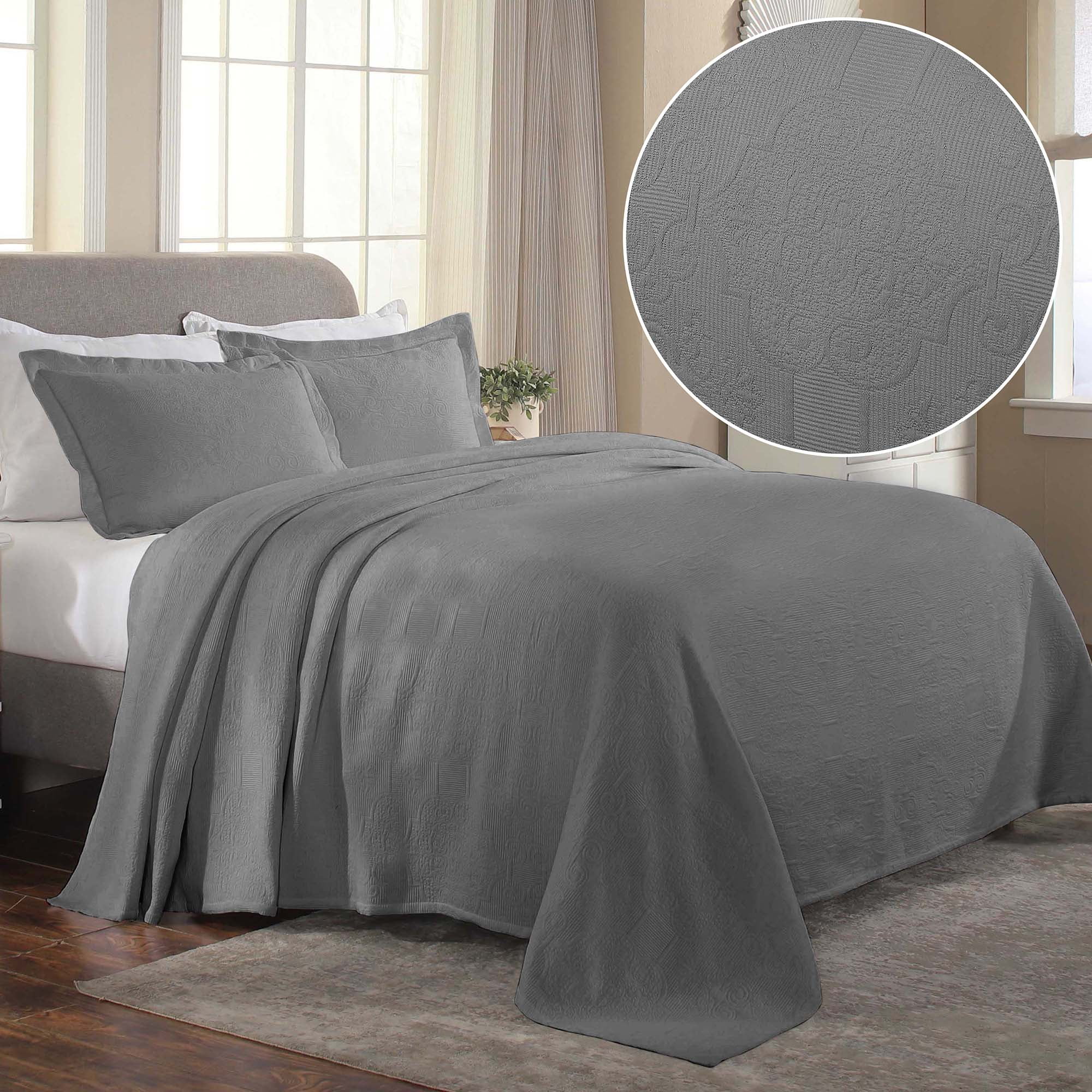 Superior 3-Piece Florin Cotton Matelasse Gray Bedspread Set, Full