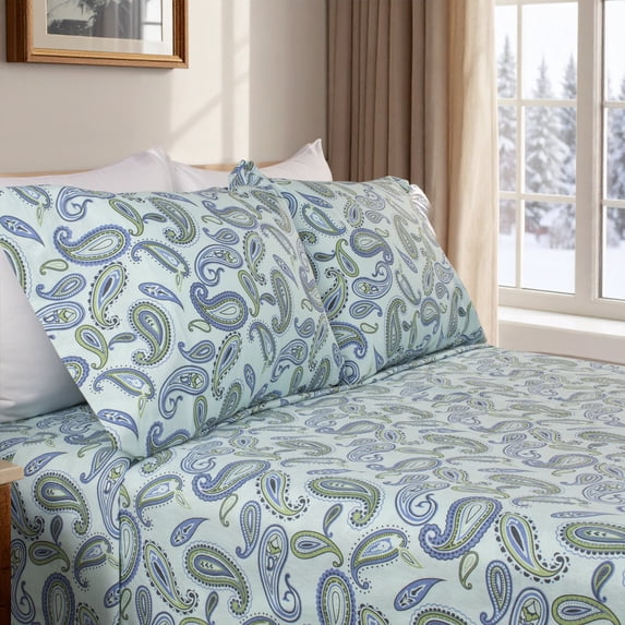 Superior 3-Piece Lightweight Paisley Cotton Flannel Sheet Set, Twin, Light Blue