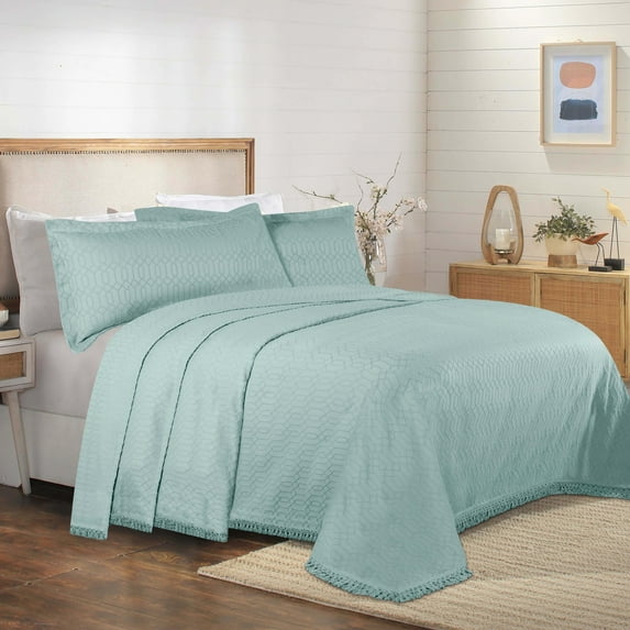 Superior 3 Piece Remi Cotton Blend Bedspread Set, Aqua, Full