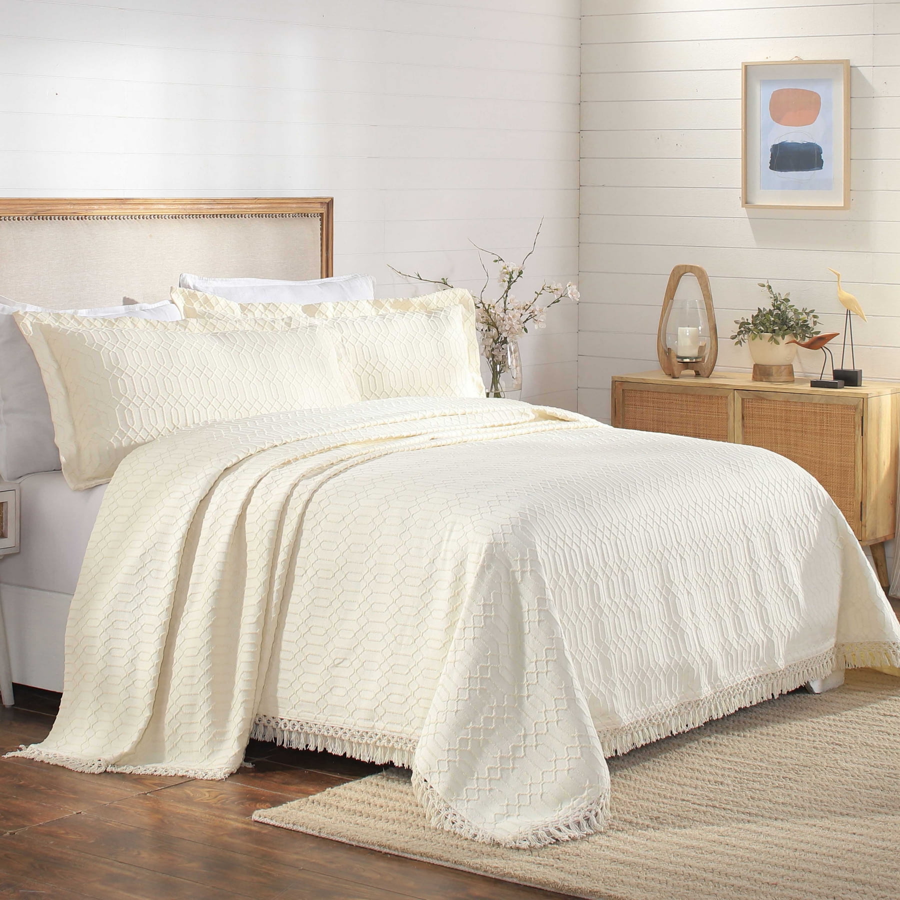 Ivory Cotton Blend King Bedspread Set with Fringe