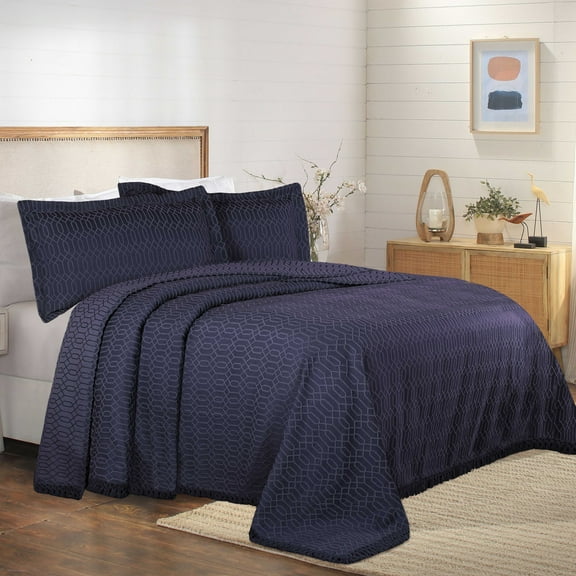 Superior 3 Piece Remi Cotton Blend Bedspread Set, Blue, Full