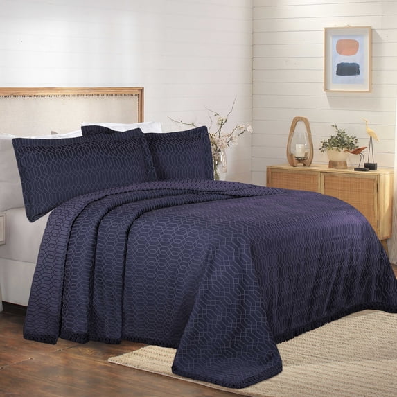 Superior 3 Piece Remi Cotton Blend Bedspread Set, Blue, Queen