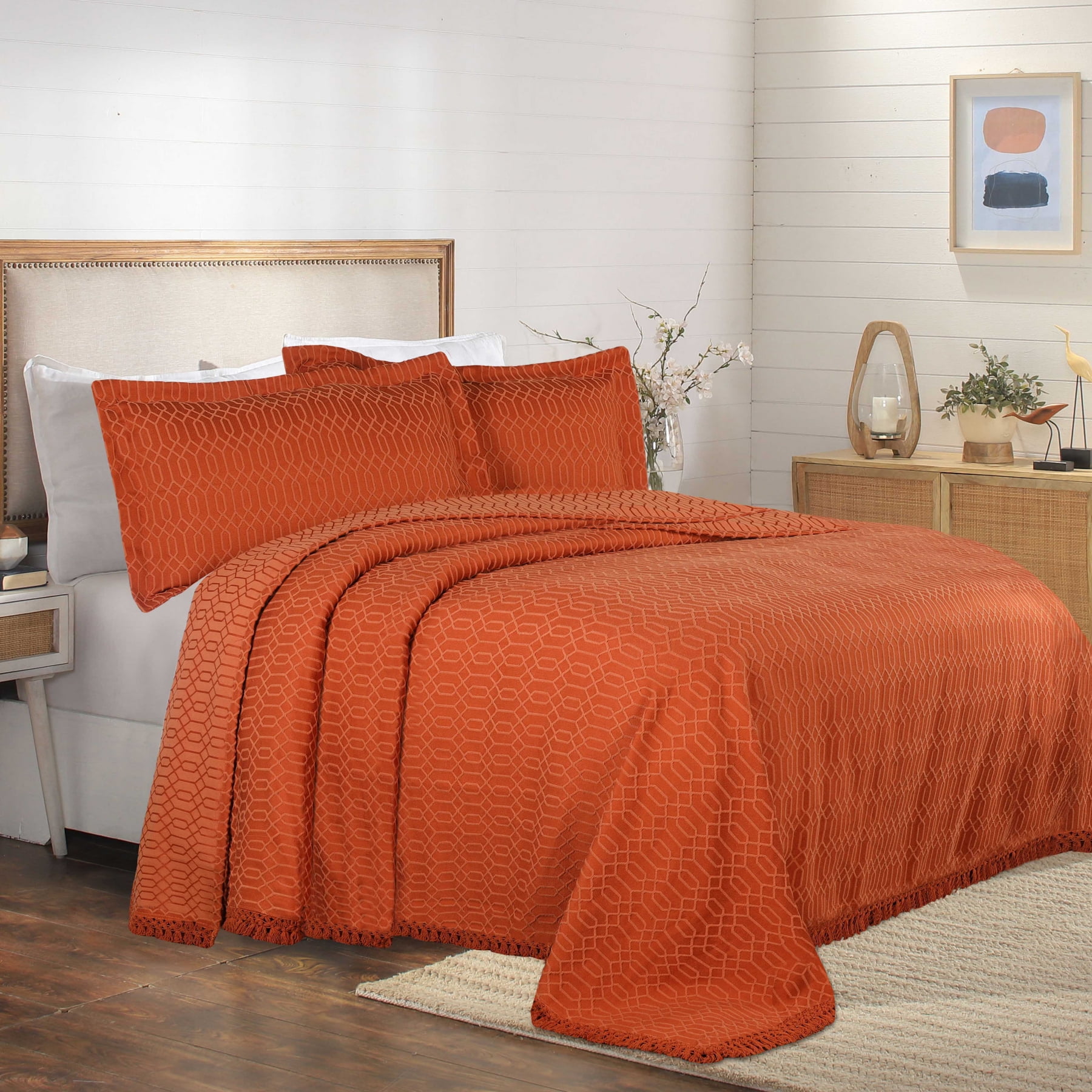 Rust King Cotton Blend Geometric Fringe Bedspread Set