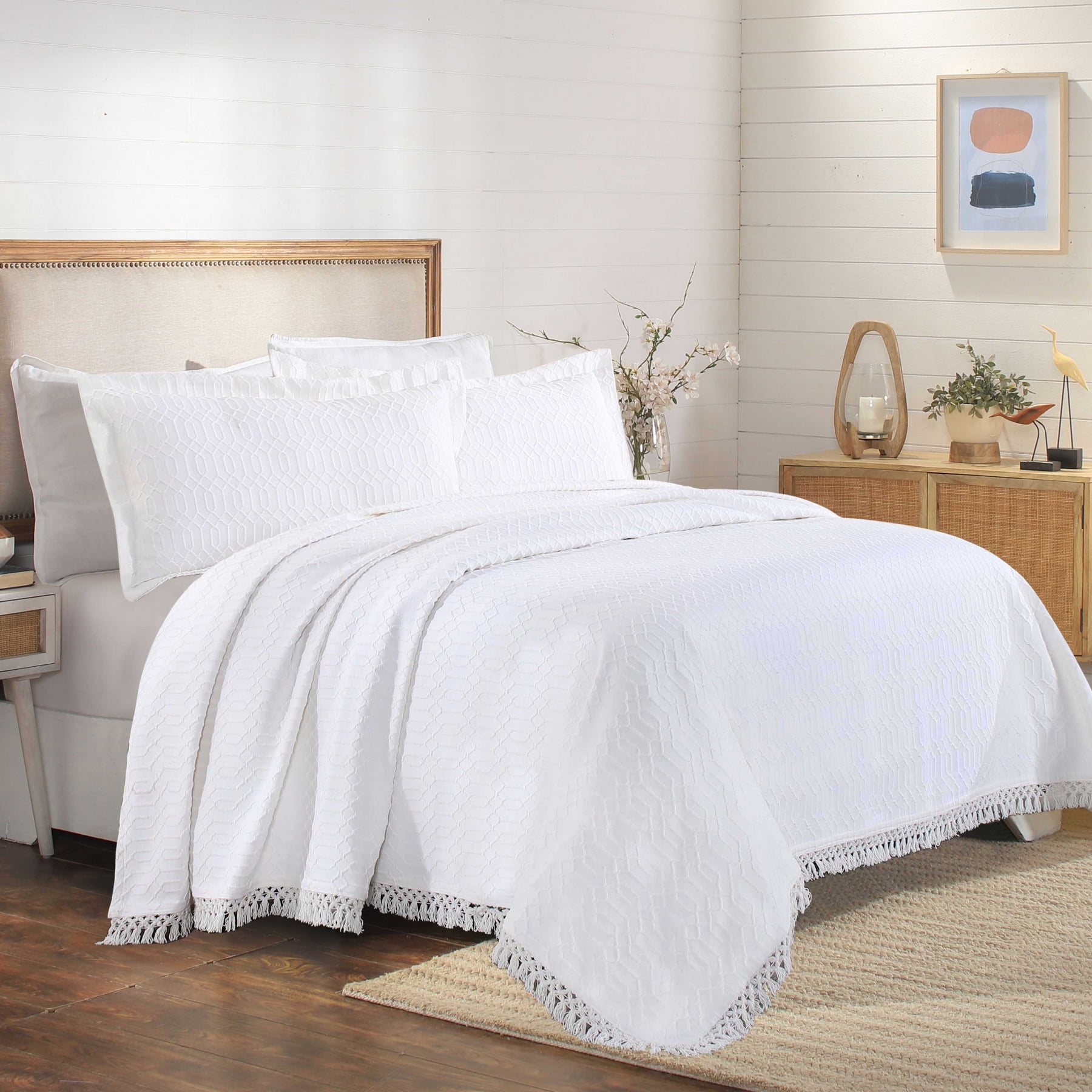 White Full Cotton Blend Geometric Fringe Bedspread Set