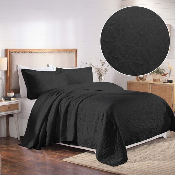 Superior 3-Piece Serenity Cotton Matelasse Black Bedspread Set, Queen