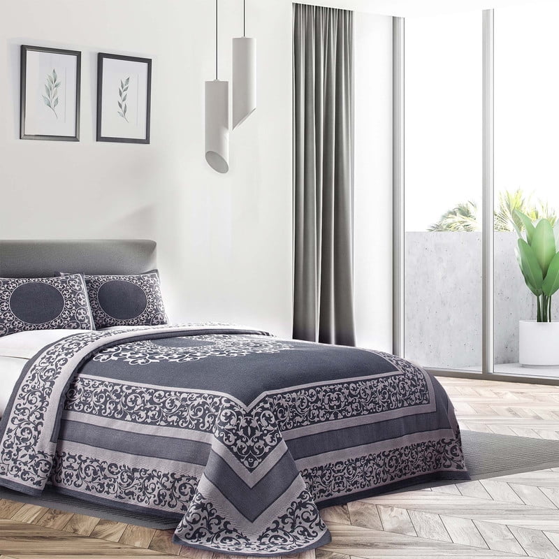 King Denim Blue Cotton Blend Jacquard Bedspread Set