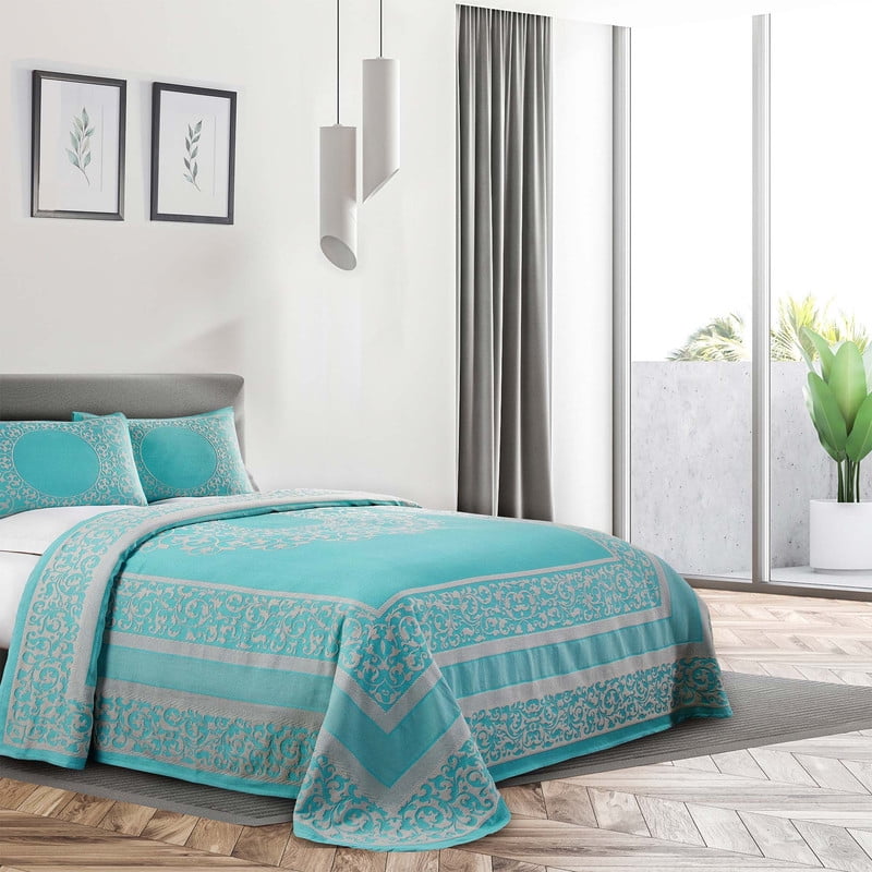 Aqua and Gray Reversible Cotton-Blend Queen Bedspread Set