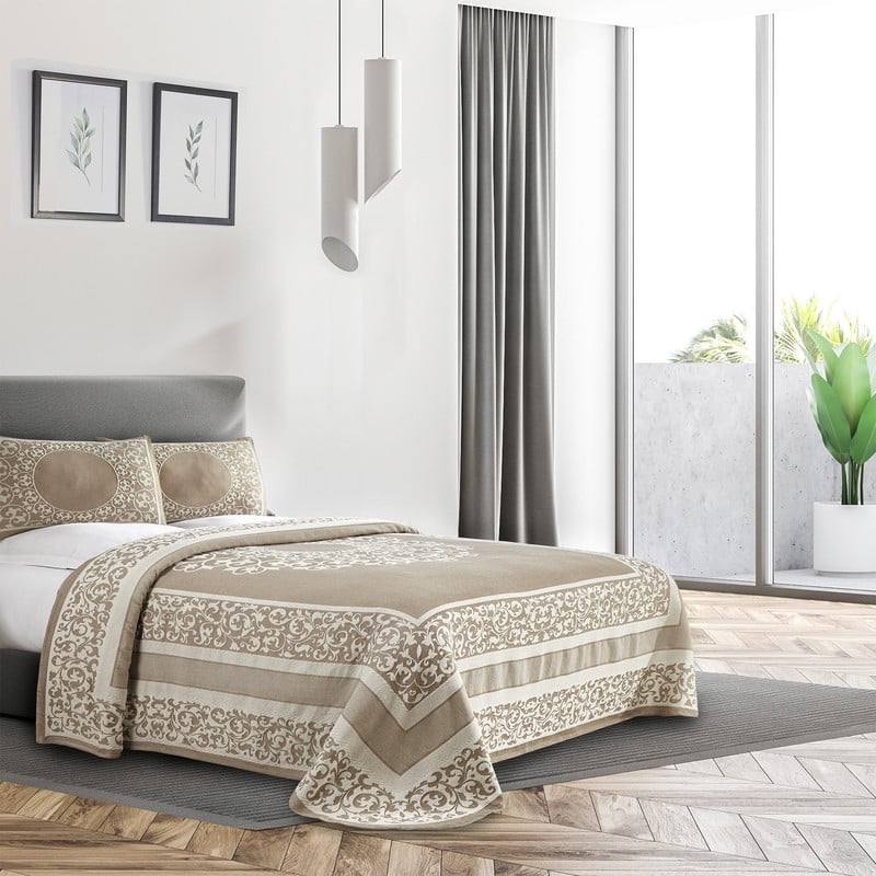 Taupe Queen Reversible Cotton Blend Jacquard Bedspread Set