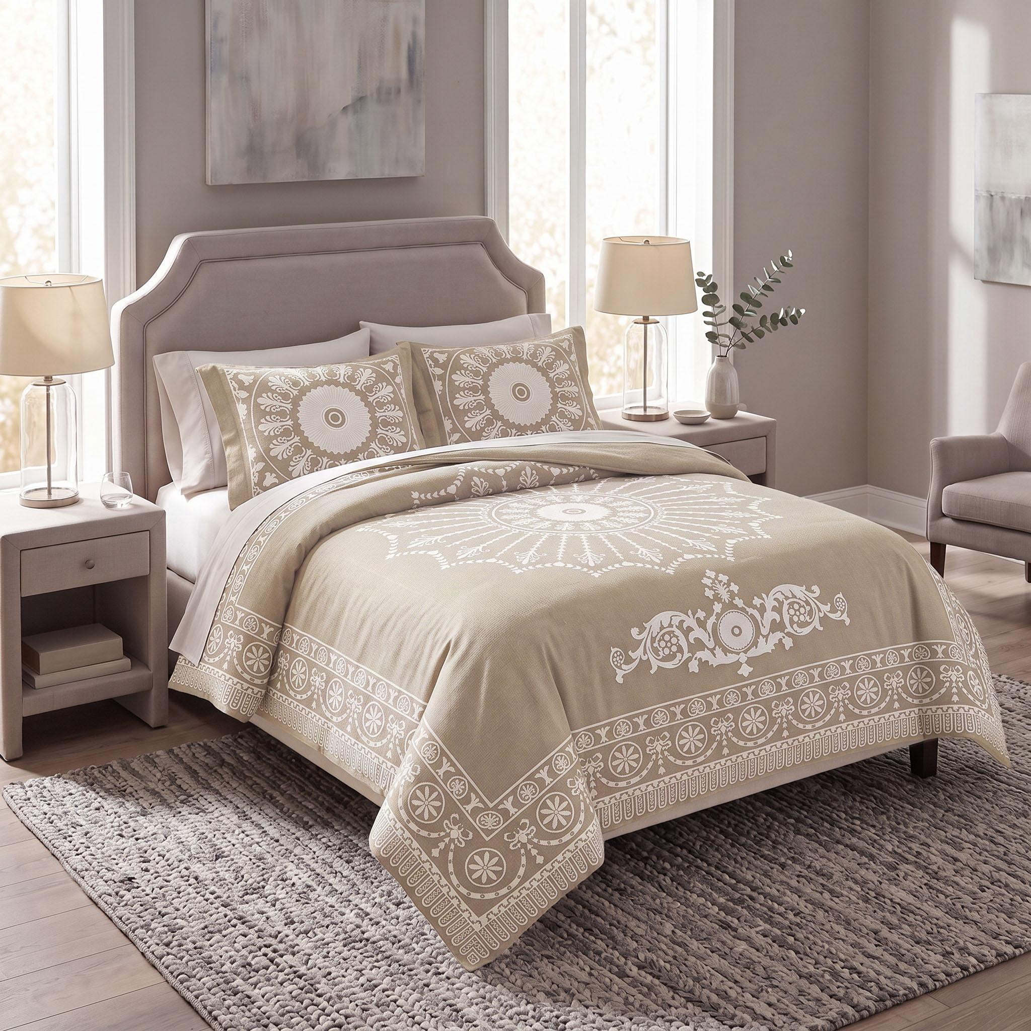 Superior Cotton Blend Woven Jacquard Vintage Medallion Bedspread Set, Full, Taupe