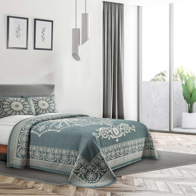Superior 3-Pieces High-Durability Reversible Cotton Blend Bedspread Set, Queen, Cerulean Blue