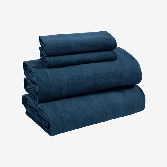Superior Solid Flannel Cotton Bed Sheet Set , Soft Fitted Sheets, King, Navy Blue
