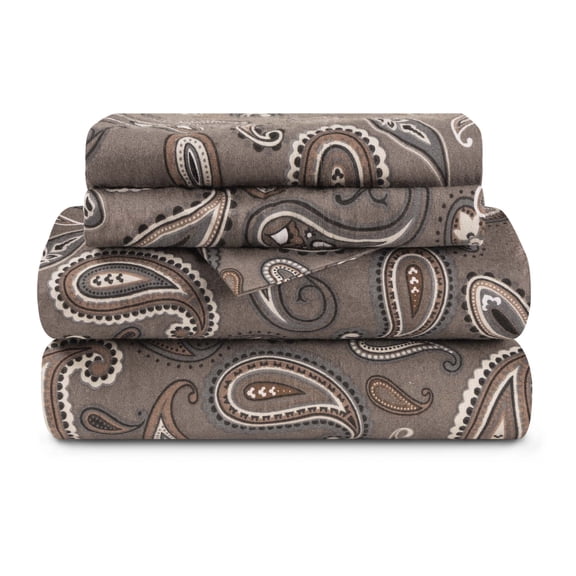 Superior Paisley Flannel Cotton Bed Sheet Set , Soft Fitted Sheets, Full, Grey