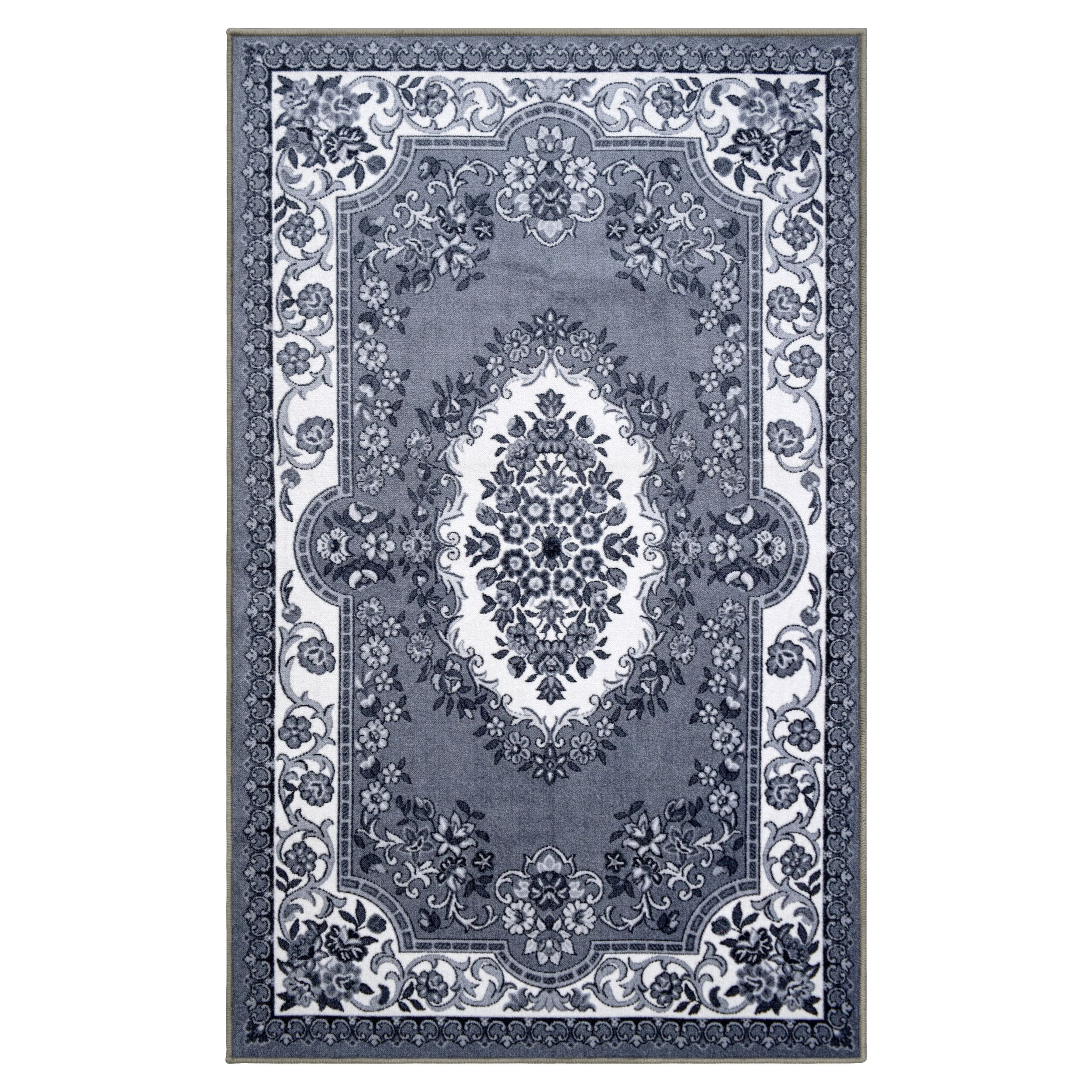 Black and White Floral Synthetic Non-Slip Area Rug 4' x 6'
