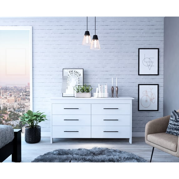 Superior 6 Drawer Double Cabinet In White - Modern, Particle Board Fill Modern Dresser Board, Quality Finish
