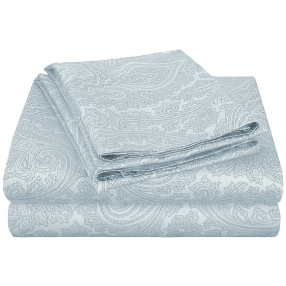 Superior 600 Thread Count 4-Piece Blue Paisley Cotton Blend Sheet Set, Queen