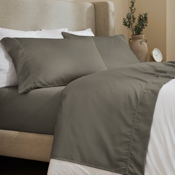 Superior Cotton Blend 600 Thread Count Dash Stitch Hem Sheet Set, Full, Grey