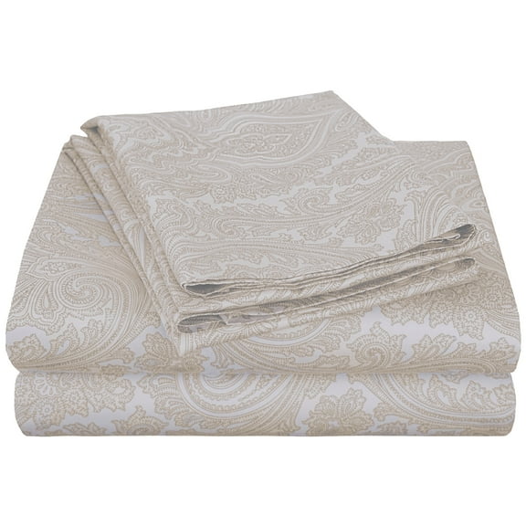 Superior 600 Thread Count 4-Piece White Paisley Cotton Blend Sheet Set, Queen