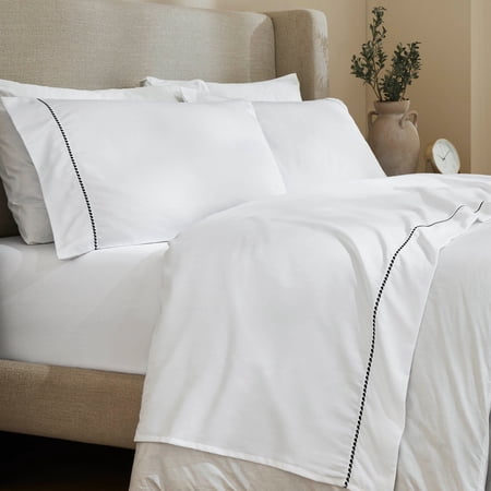 Superior Cotton Blend 600 Thread Count Dash Stitch Hem Sheet Set, Twin XL, White-Black