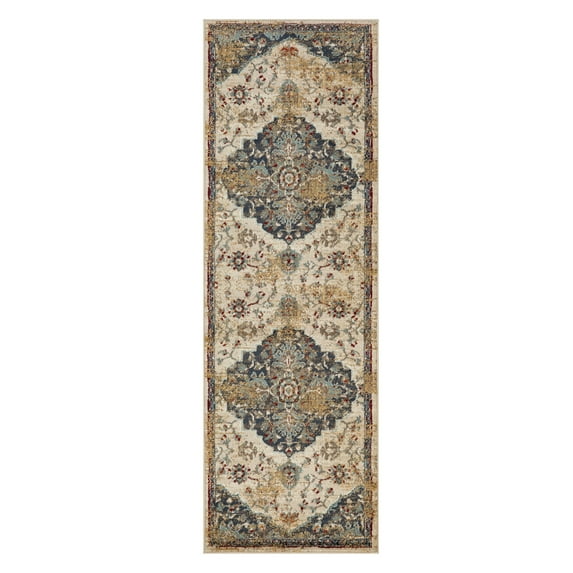 Superior Abena Traditional Medallion Indoor Runner Rug, 2' 7" x 8', Cream/ Blue