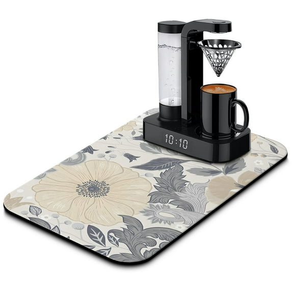 Superior Absorption Vintage Flower Coffee Mat, 19.5x12in - Non-Slip, Rubber-Backed Dish Drying Mats, Coffee Drying Mat Diatomaceous Material for Optimal Kitchen Counter Dryness